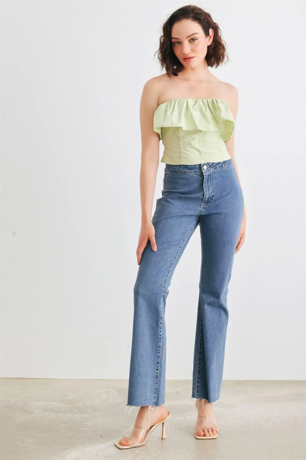 Light Green Cotton Strapless Flared Corset Tube Crop Top