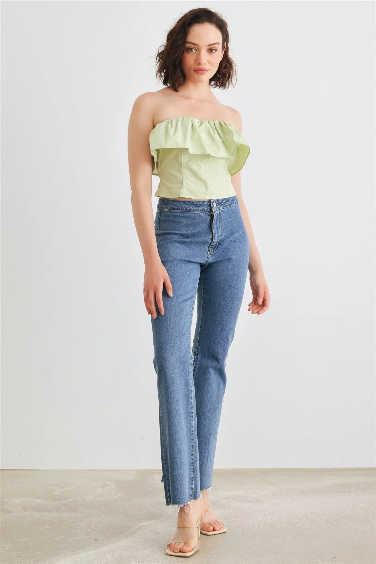 Light Green Cotton Strapless Flared Corset Tube Crop Top