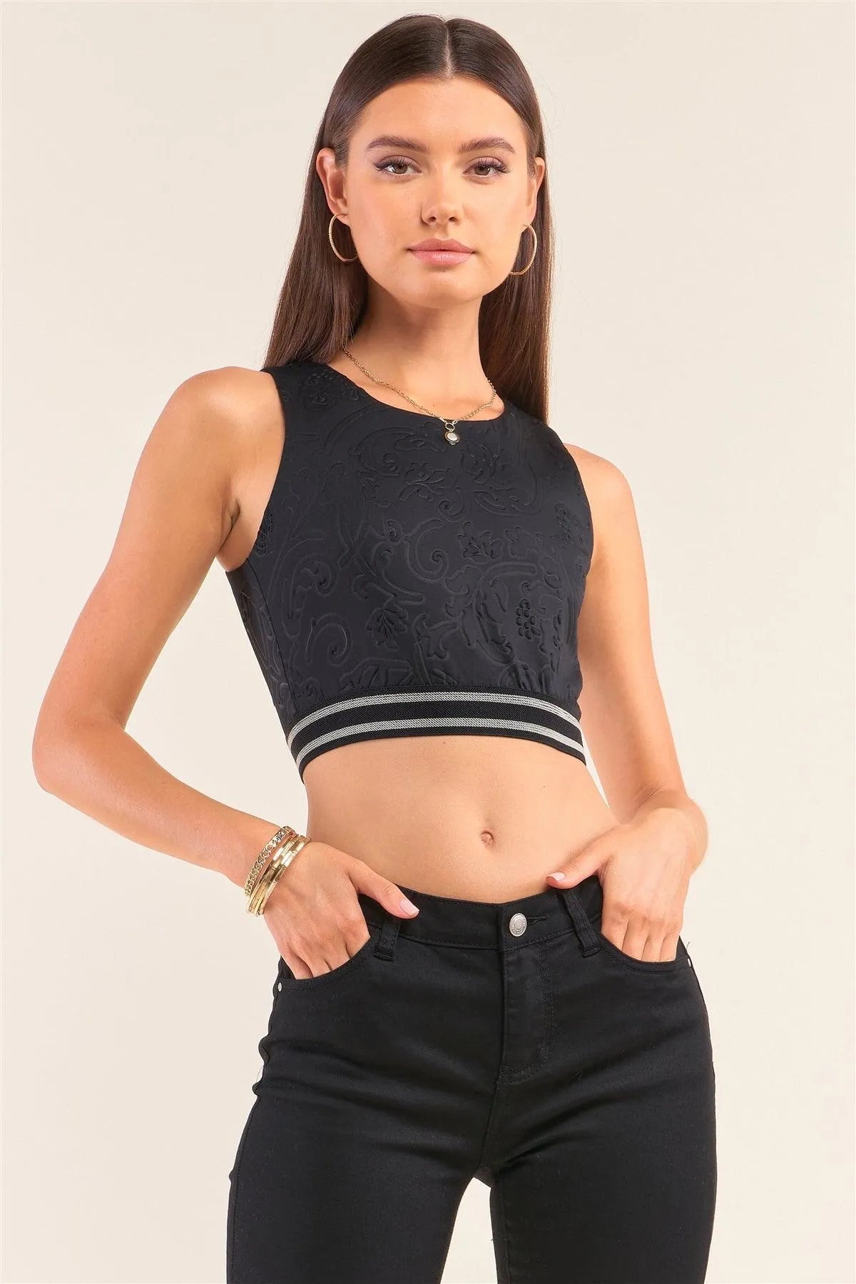 Black Sleeveless Embossed Jacquard Banded Crop Top
