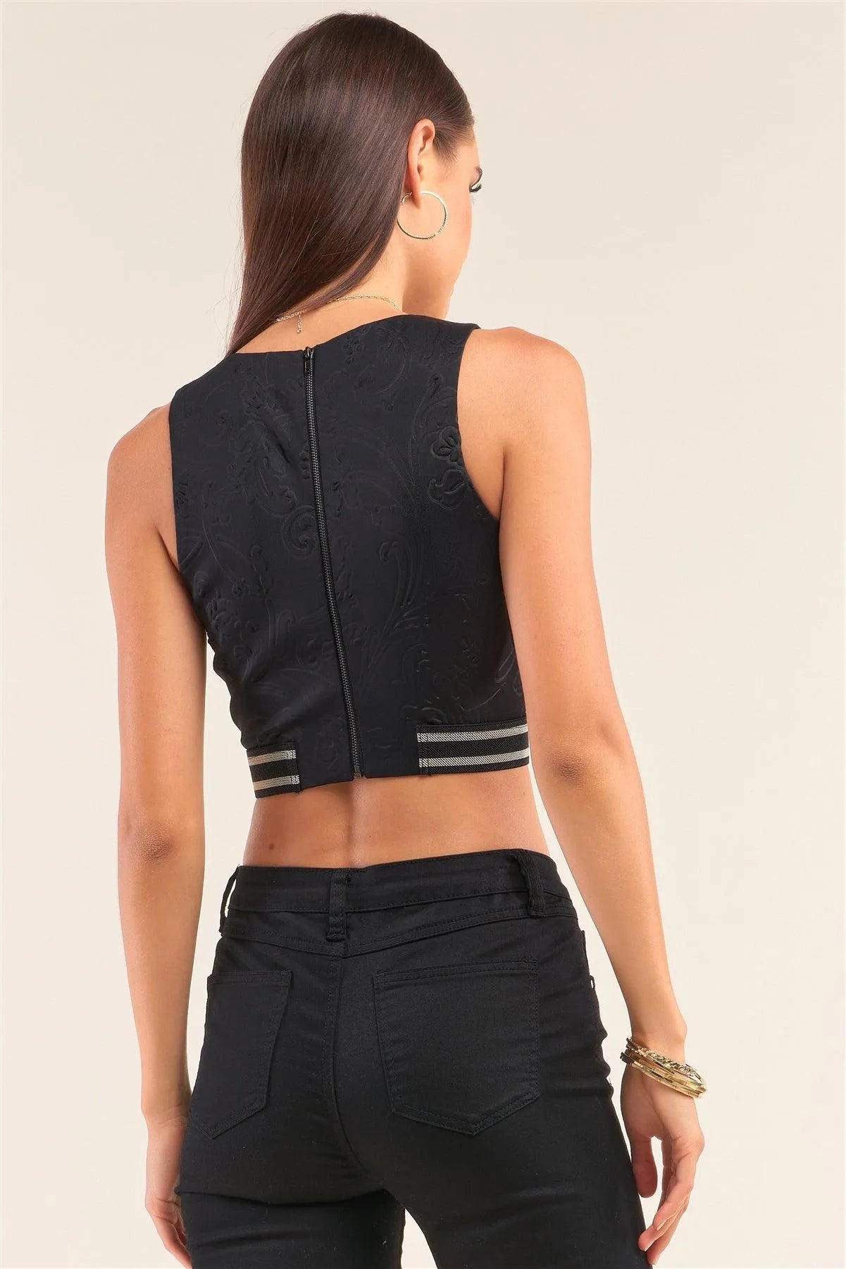 Black Sleeveless Embossed Jacquard Banded Crop Top