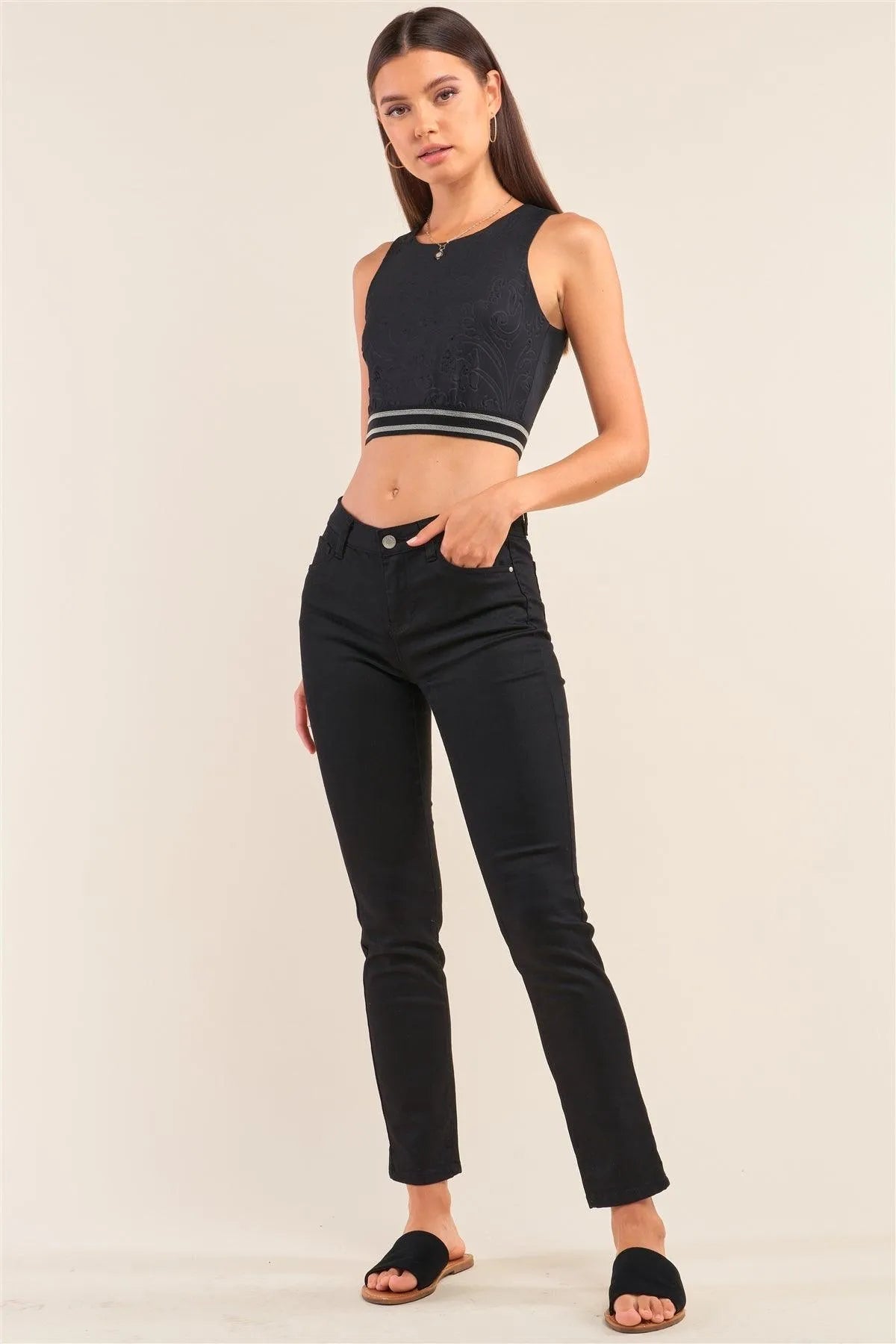 Black Sleeveless Embossed Jacquard Banded Crop Top