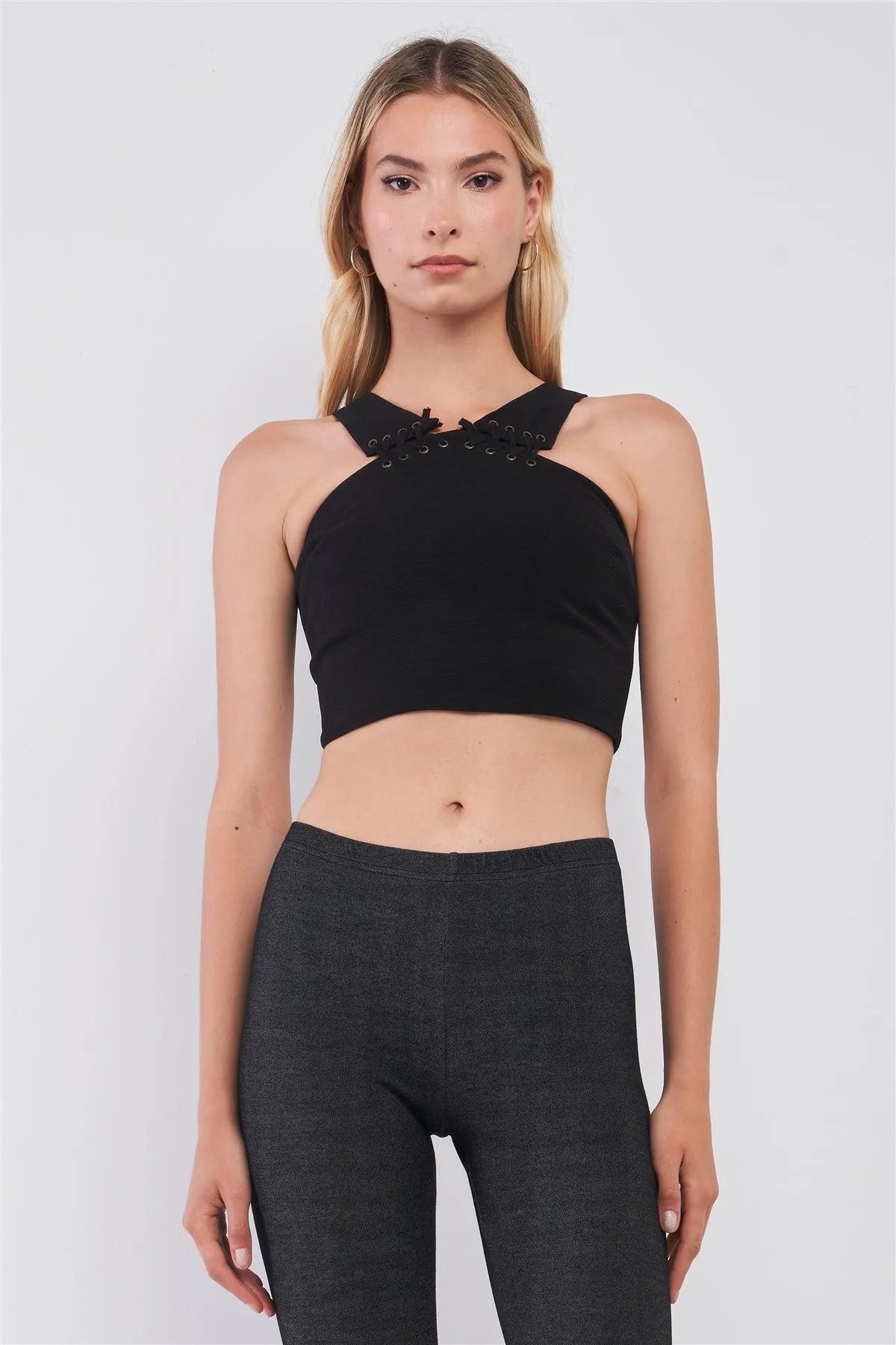 Black Lace-Up Halter Neck Sleeveless Fitted Crop Top