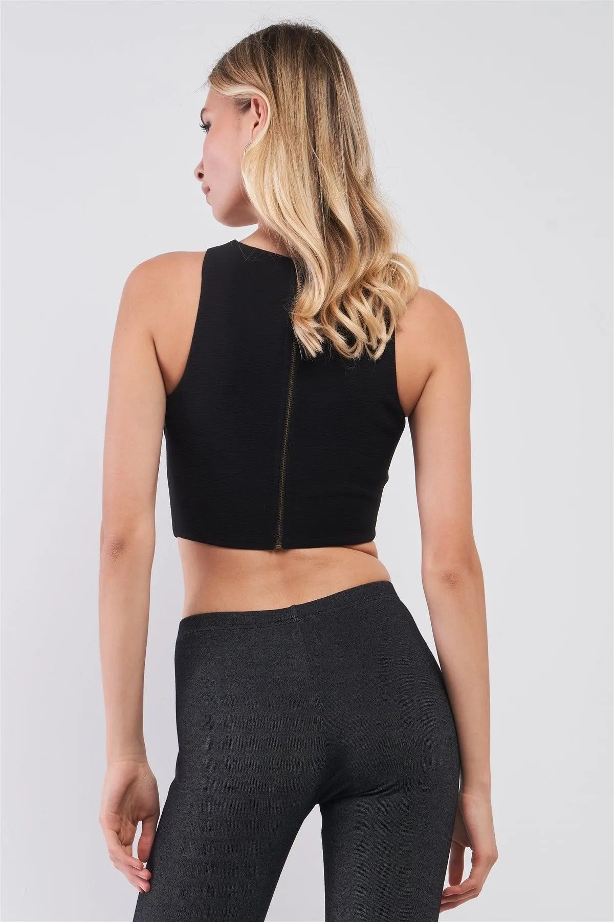 Black Lace-Up Halter Neck Sleeveless Fitted Crop Top