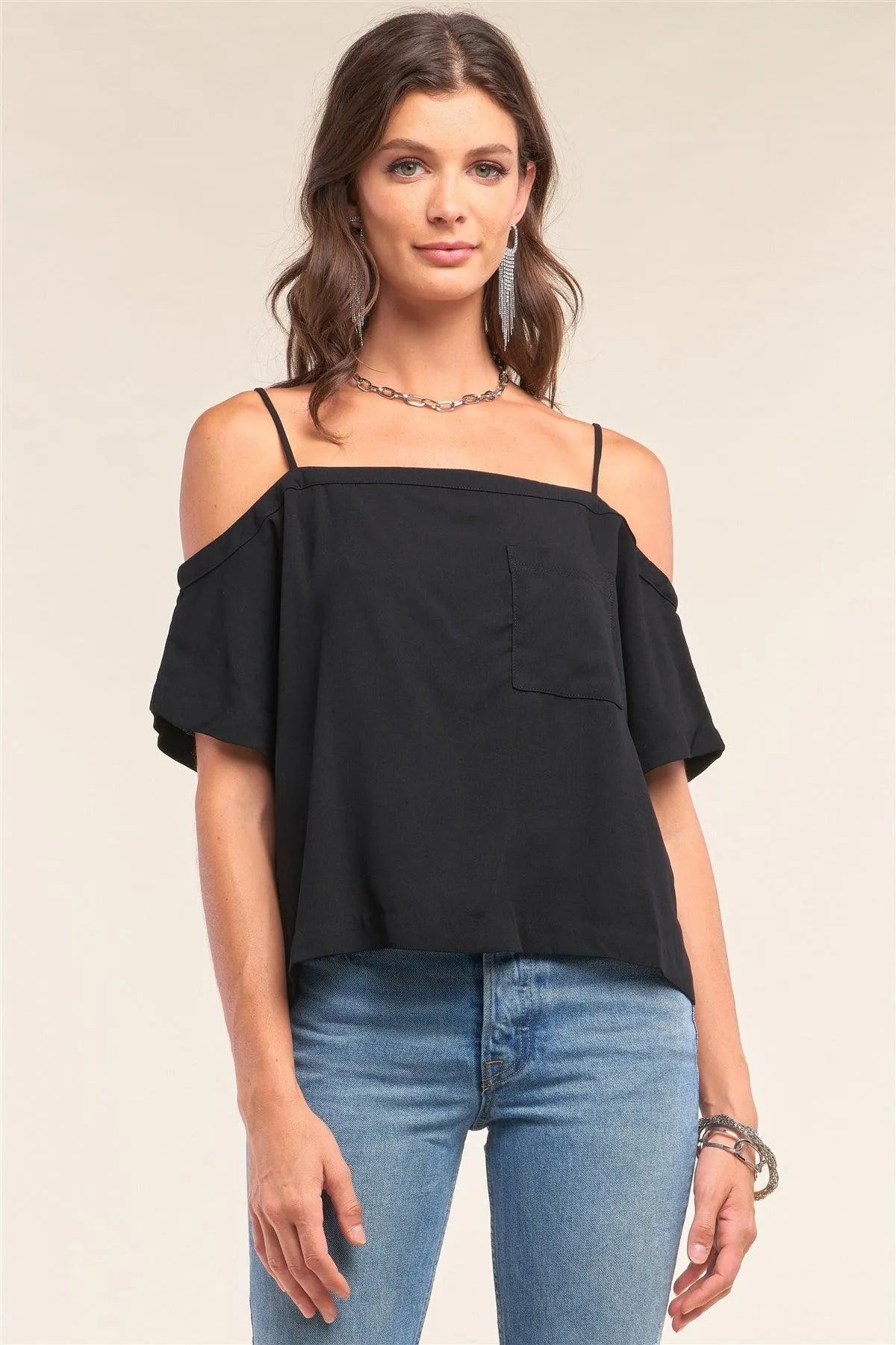 Black Off-Shoulder Square Neck Loose Fit Top with Pocket Detail