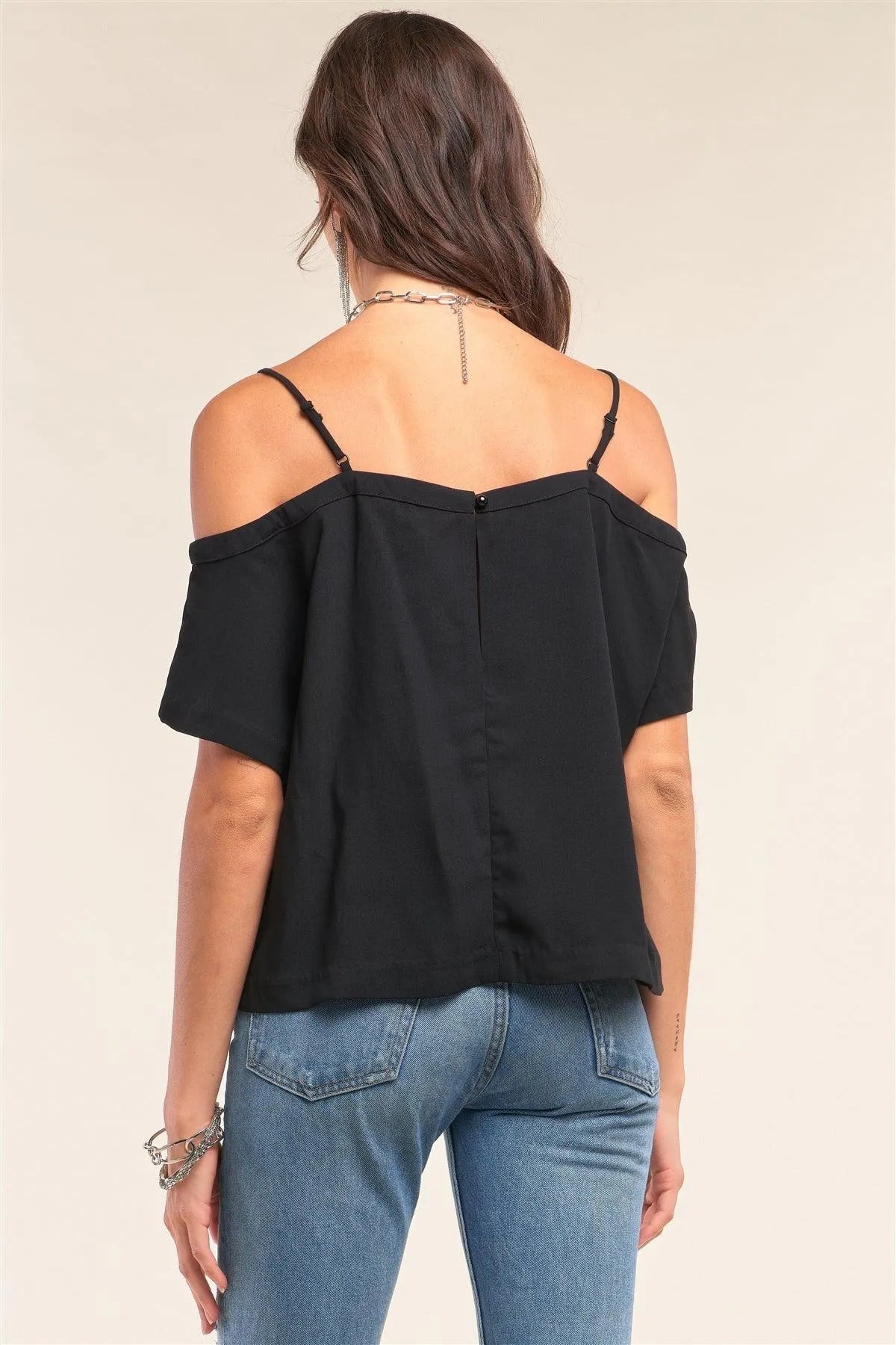Black Off-Shoulder Square Neck Loose Fit Top with Pocket Detail