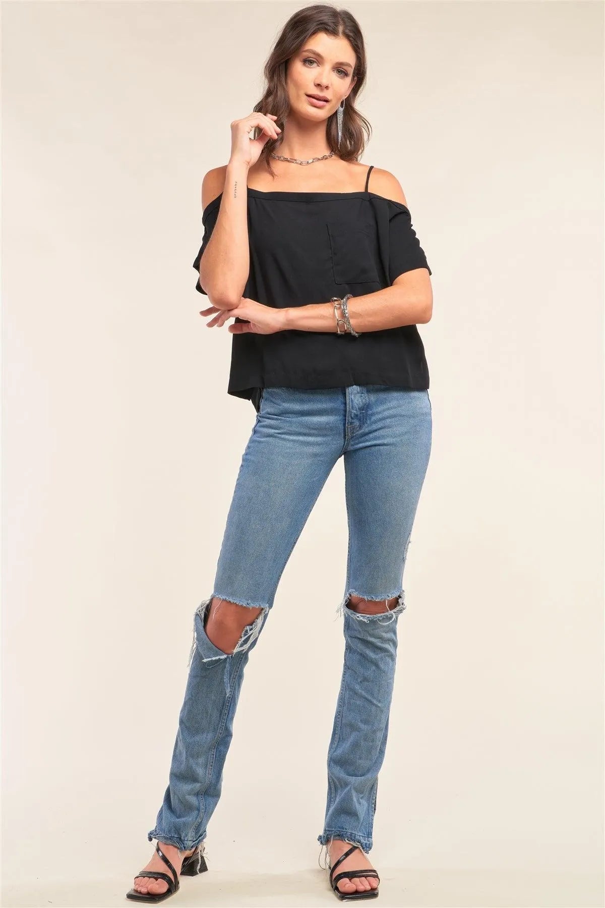 Black Off-Shoulder Square Neck Loose Fit Top with Pocket Detail