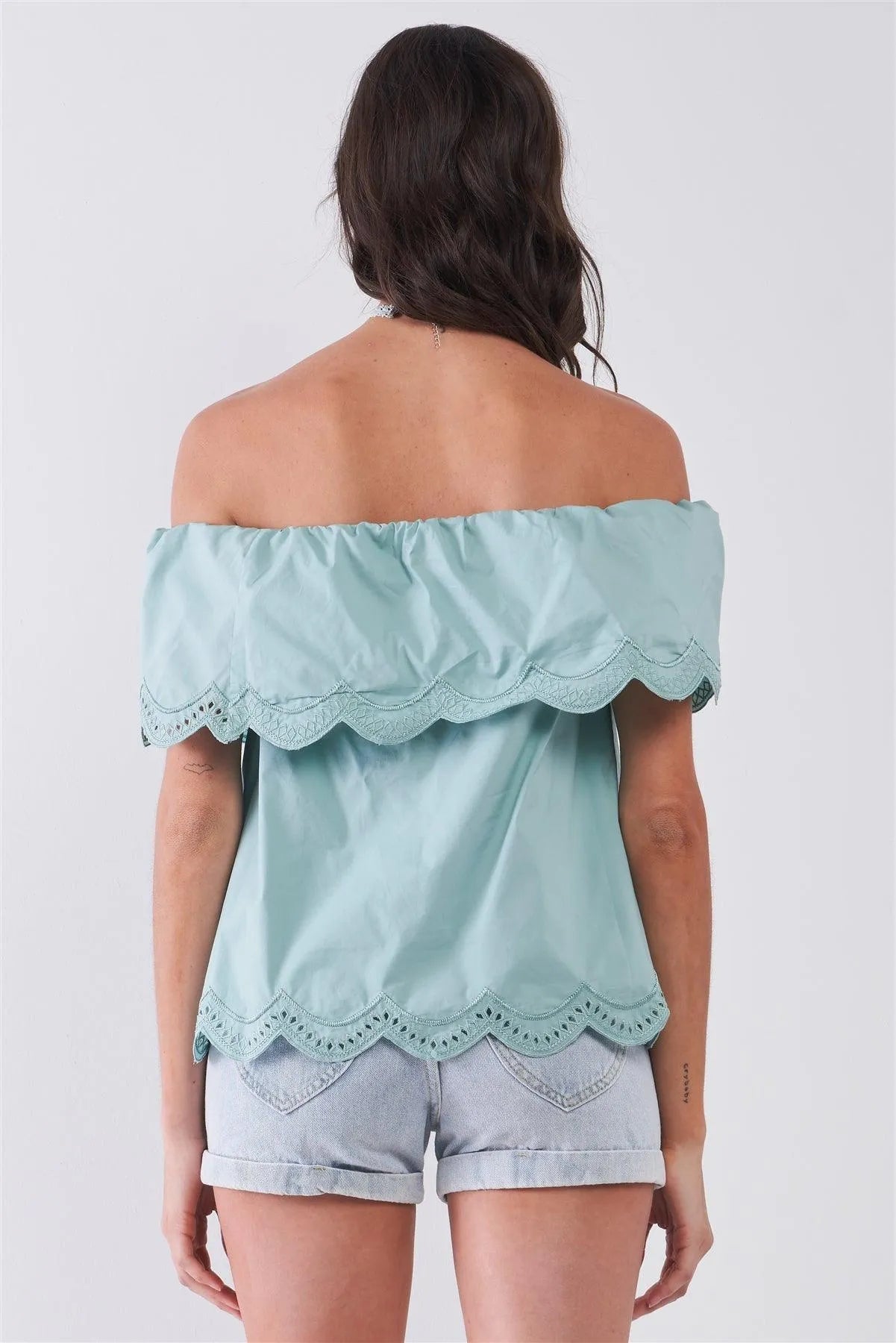 Seafoam Off-Shoulder Scallop Hem Short Sleeve Top