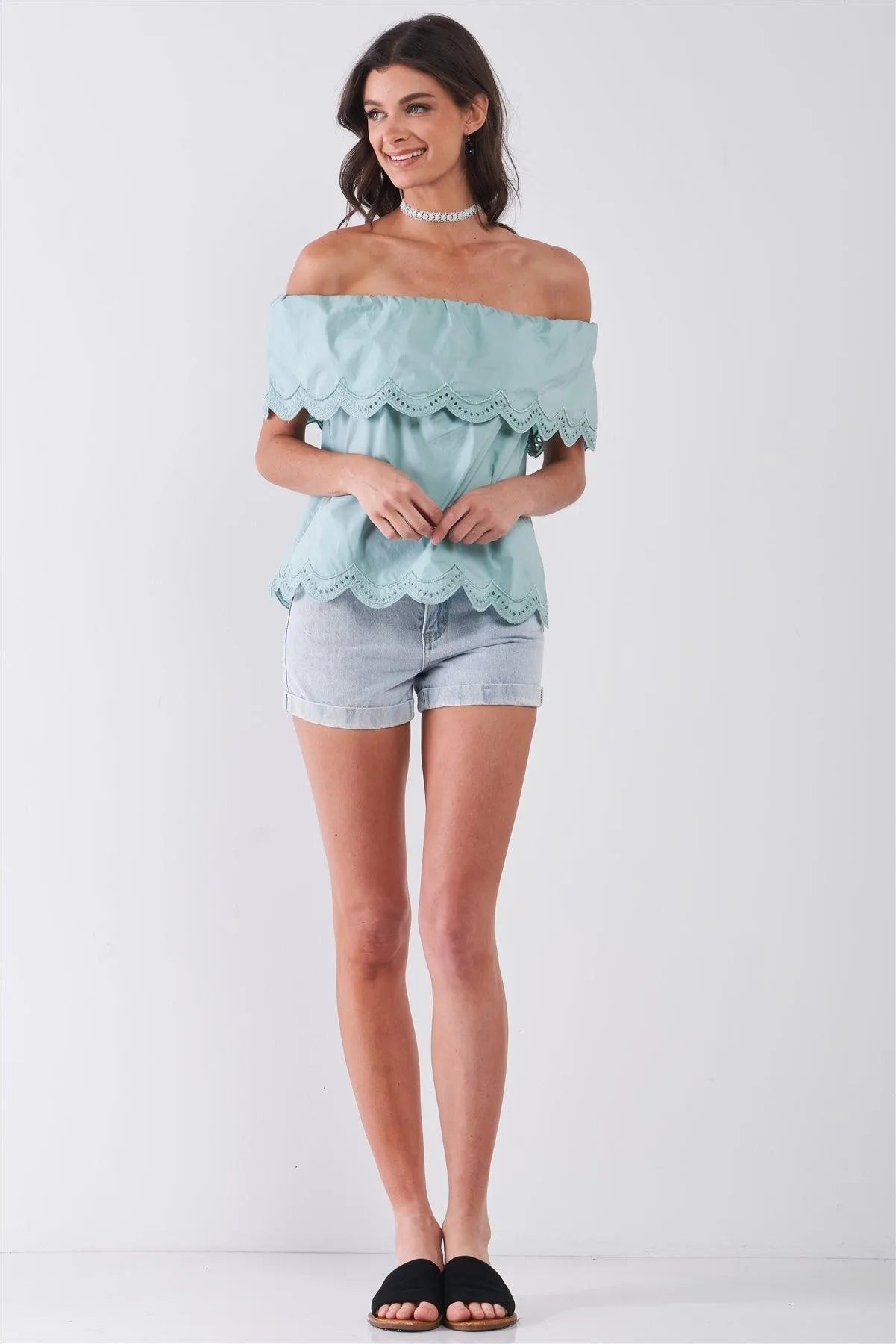 Seafoam Off-Shoulder Scallop Hem Short Sleeve Top