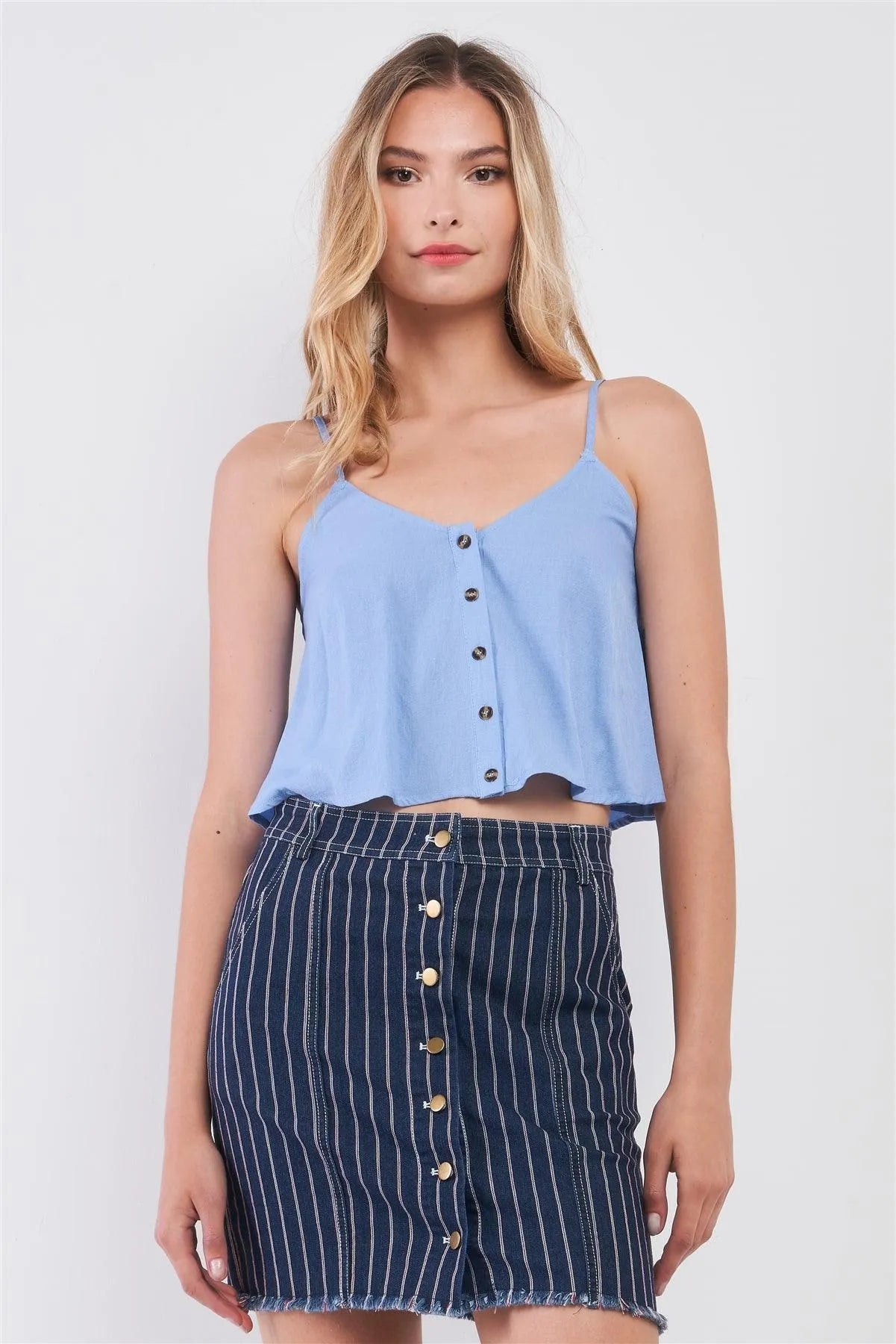 Baby Blue Sleeveless V-Neck Button Crop Cami