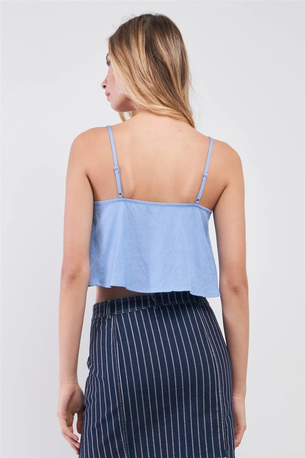 Baby Blue Sleeveless V-Neck Button Crop Cami