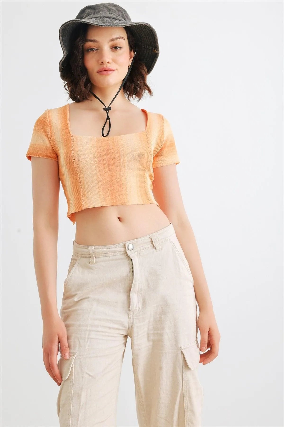 Orange Knit Short Sleeve Square Neck Lace-Up Crop Top