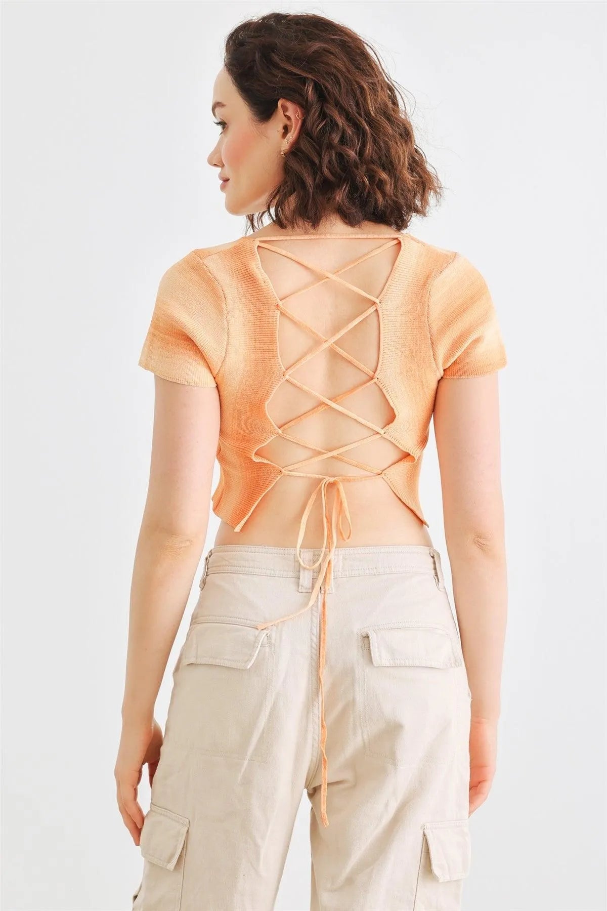 Orange Knit Short Sleeve Square Neck Lace-Up Crop Top