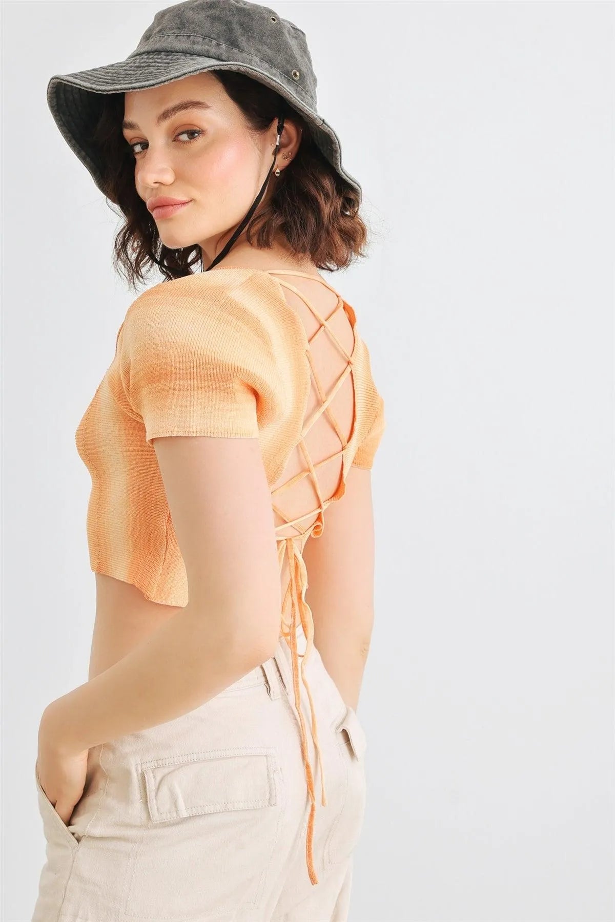 Orange Knit Short Sleeve Square Neck Lace-Up Crop Top