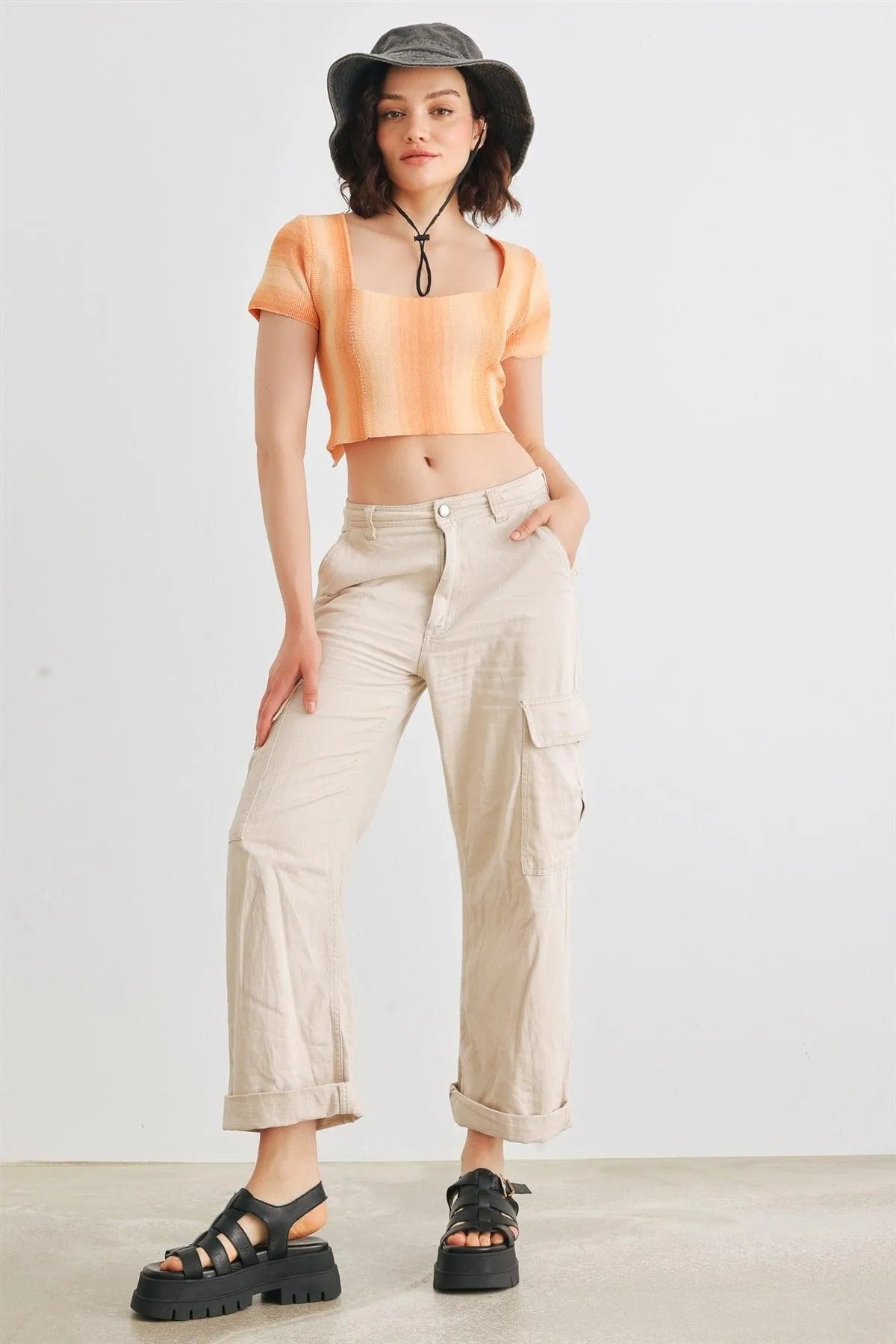 Orange Knit Short Sleeve Square Neck Lace-Up Crop Top