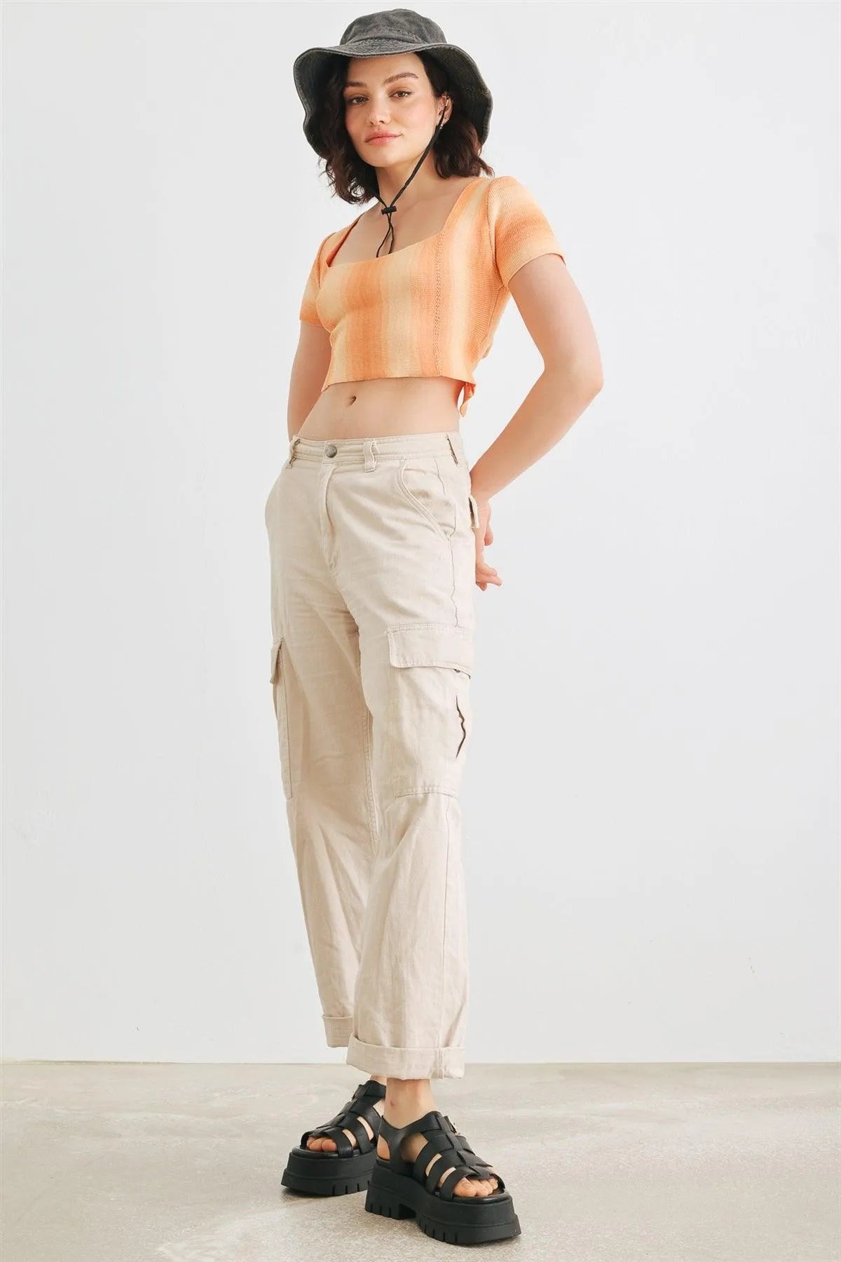 Orange Knit Short Sleeve Square Neck Lace-Up Crop Top