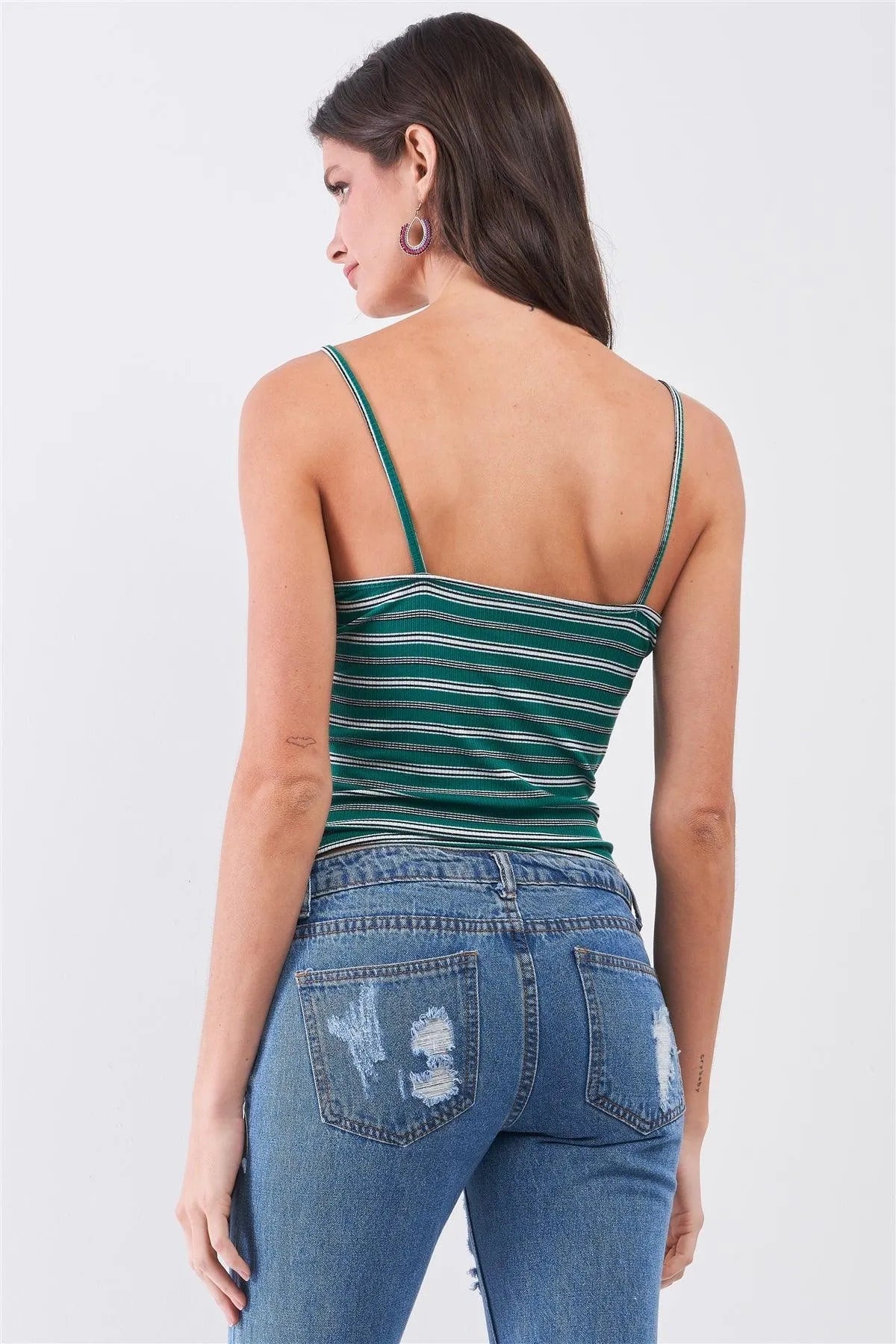 Green Striped V-Neck Sleeveless Button Crop Top