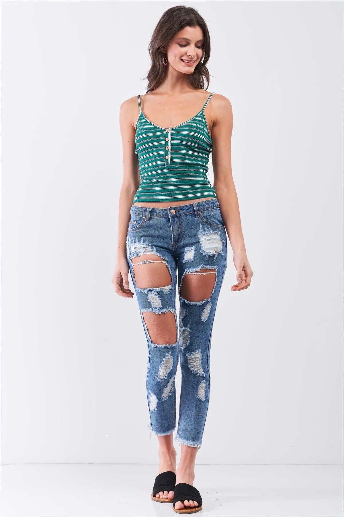 Green Striped V-Neck Sleeveless Button Crop Top