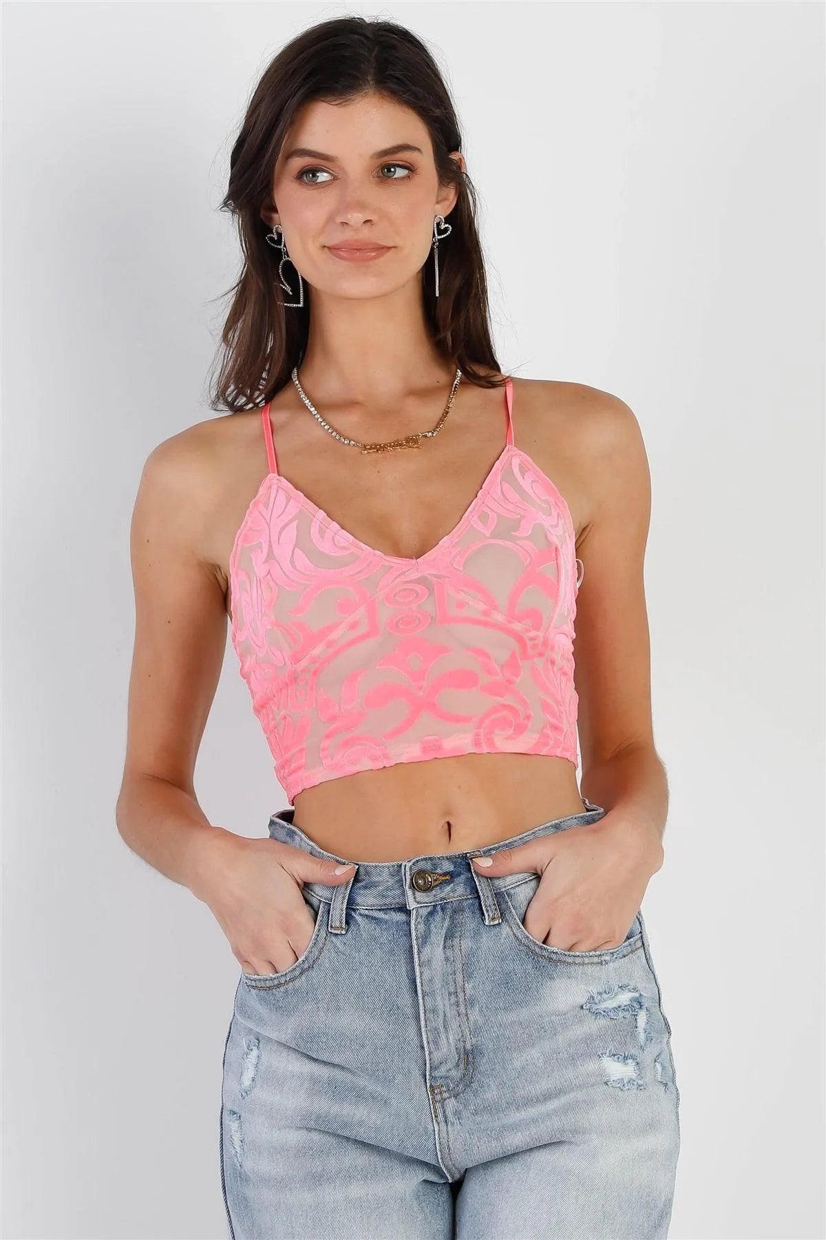 Neon Pink Mesh Velvet Cross-Back Sleeveless Crop Top.