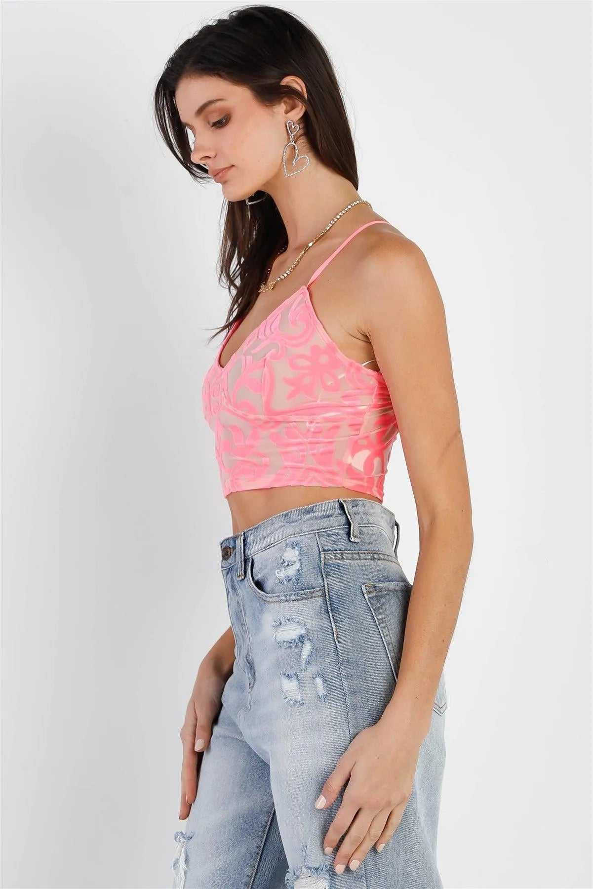 Neon Pink Mesh Velvet Cross-Back Sleeveless Crop Top.