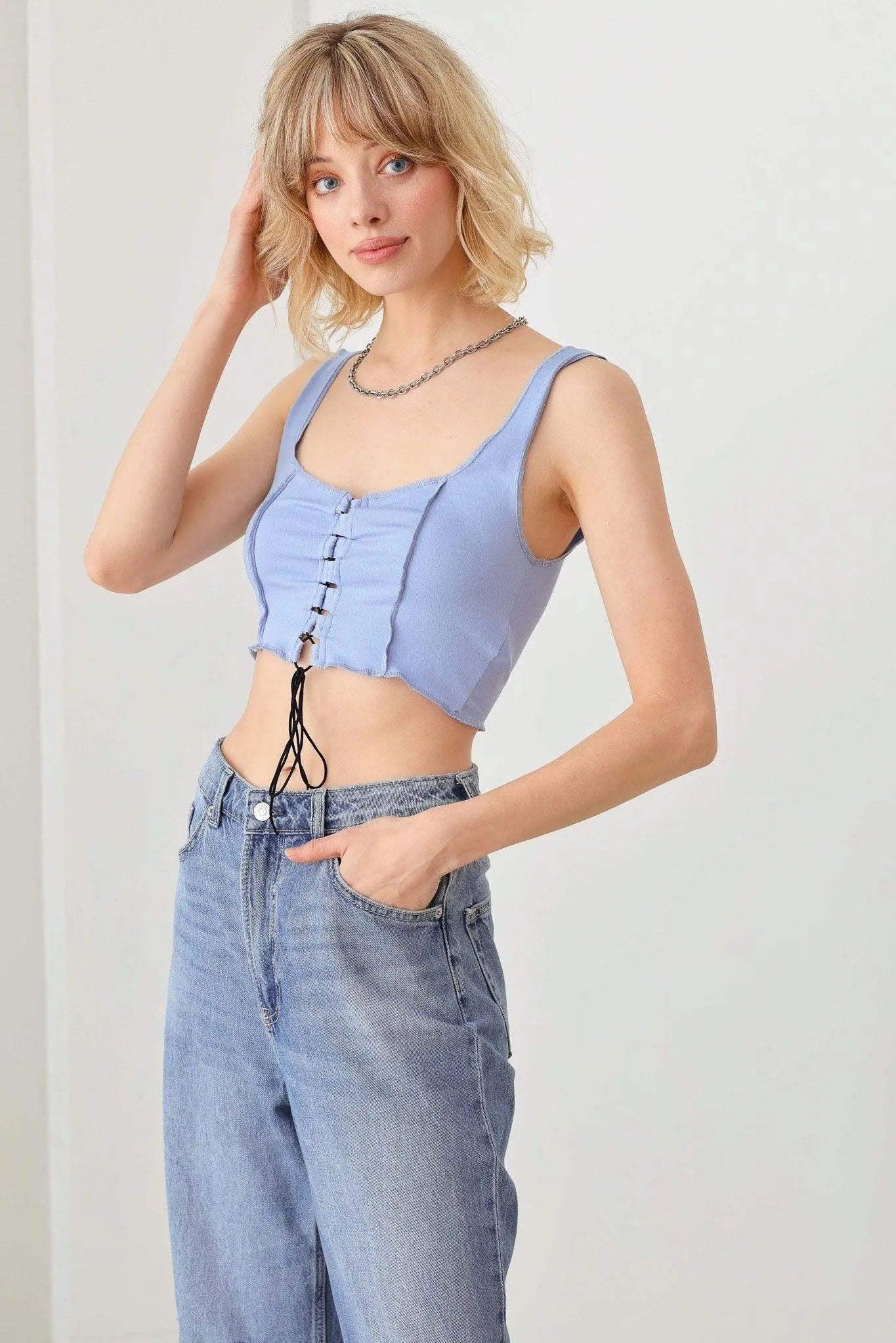Solid Lace-Up Sleeveless Round Neck Crop Top