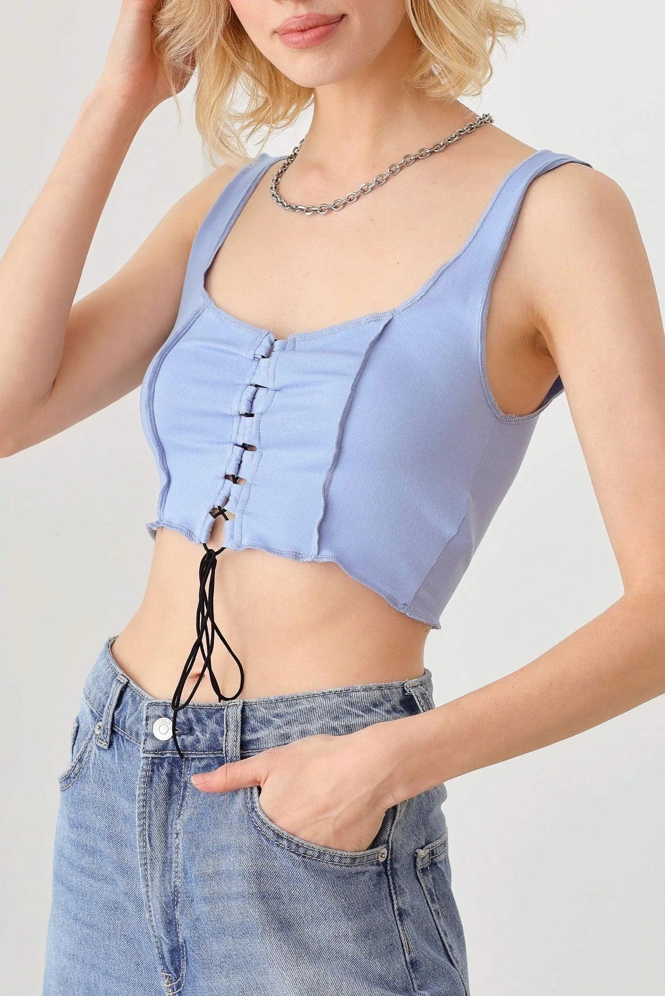 Solid Lace-Up Sleeveless Round Neck Crop Top