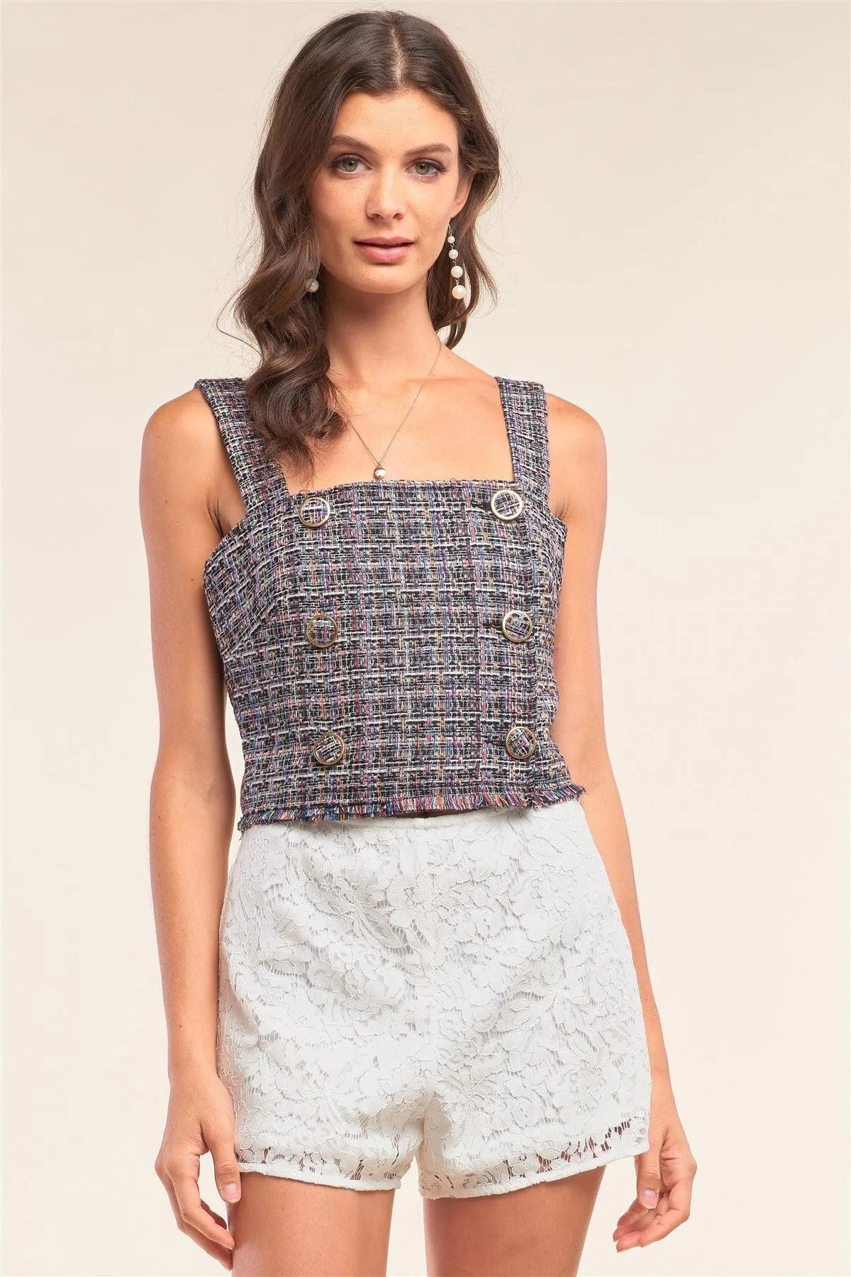 Multicolor Plaid Square Neck Sleeveless Crop Top with Buttoned Trim