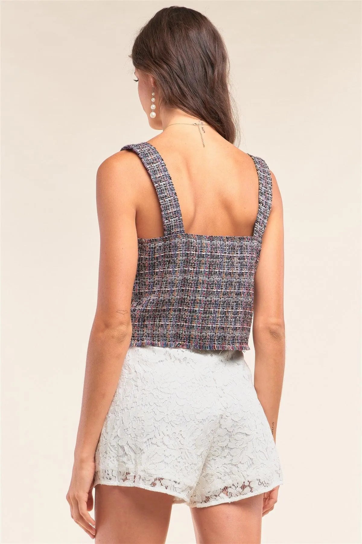Multicolor Plaid Square Neck Sleeveless Crop Top with Buttoned Trim