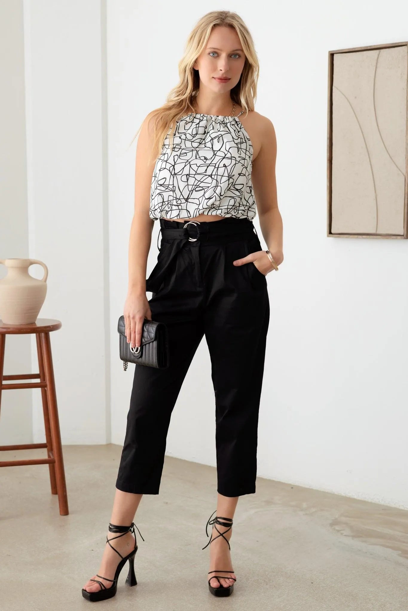 Abstract Print Ruched Halter Neck Crop Top