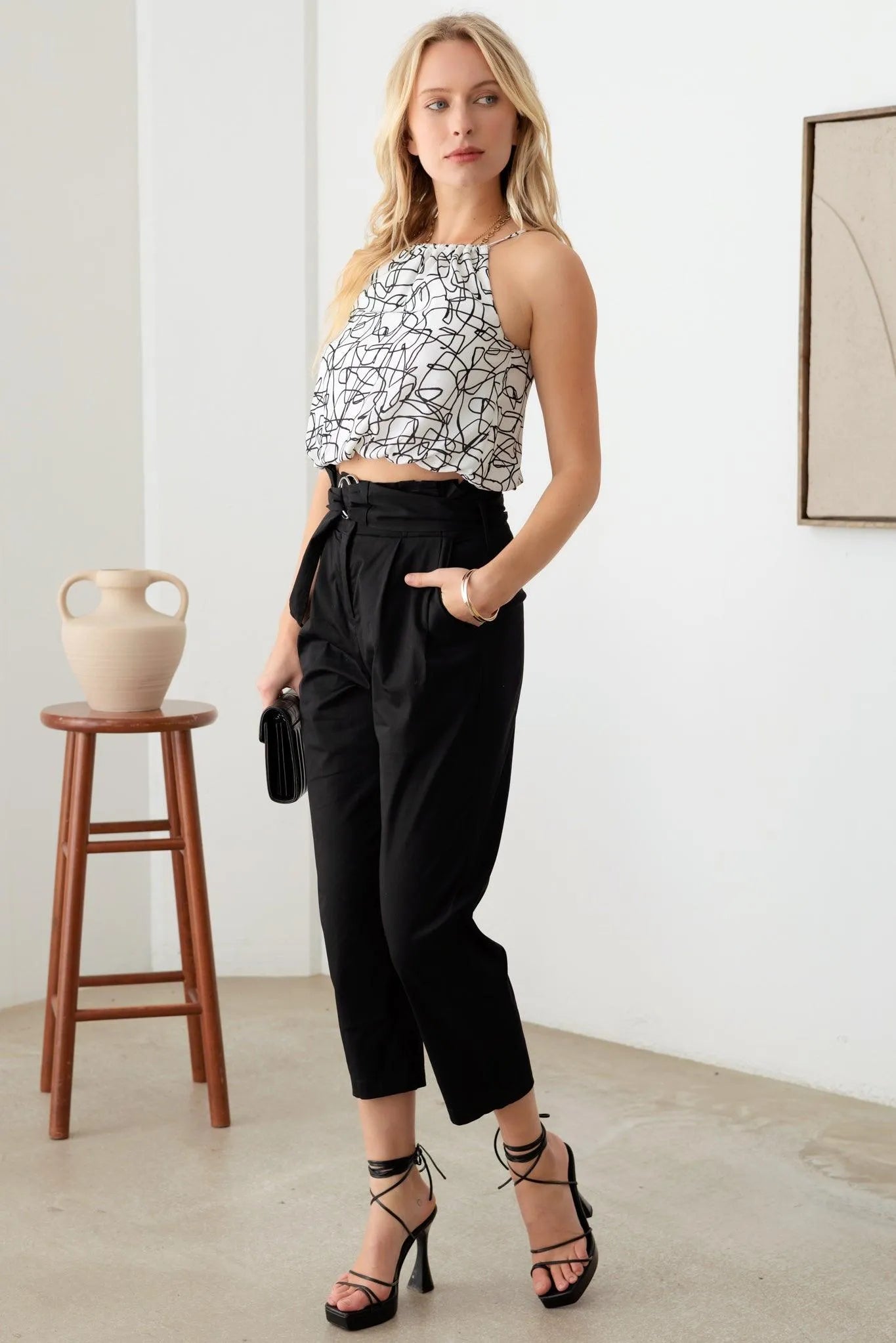 Abstract Print Ruched Halter Neck Crop Top